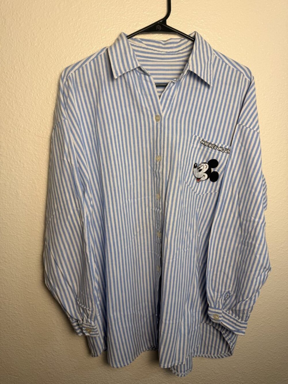 VTG 90s Mickey Mouse Embroidered Striped Button Up Shirt Blue White Oversized